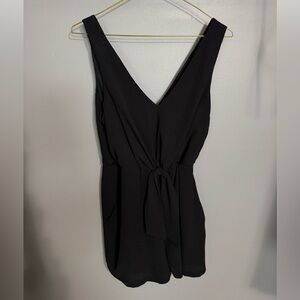 Black V Neck Romper w/ pockets and bow in front